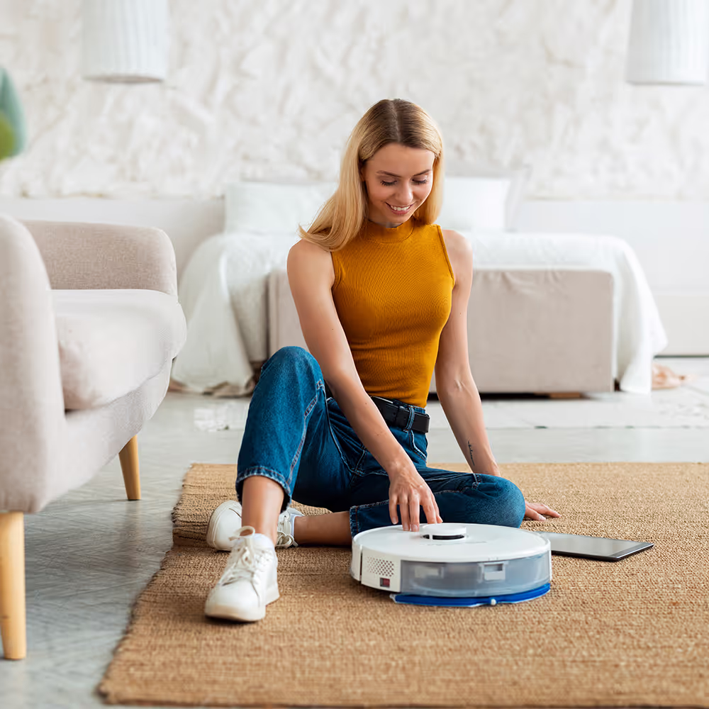 Woman setting up robot vacuum