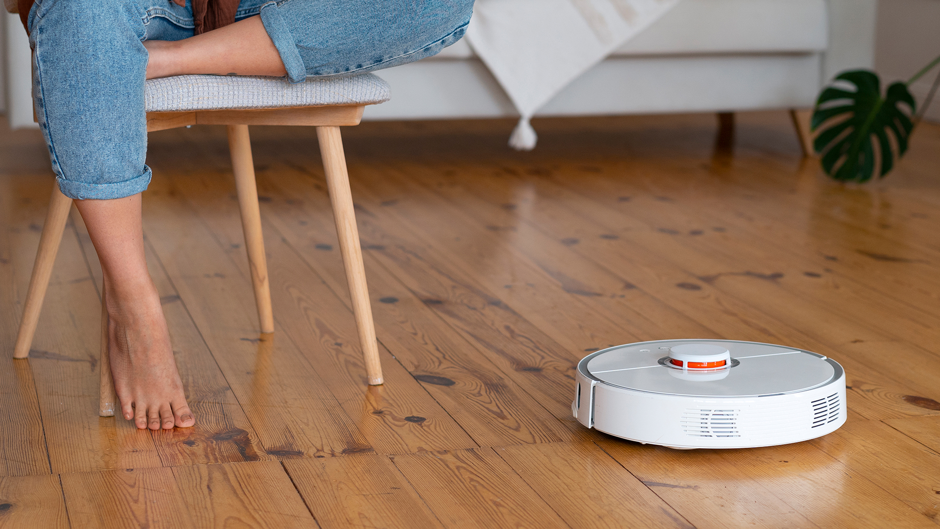 Robot vacuum on wooden floor